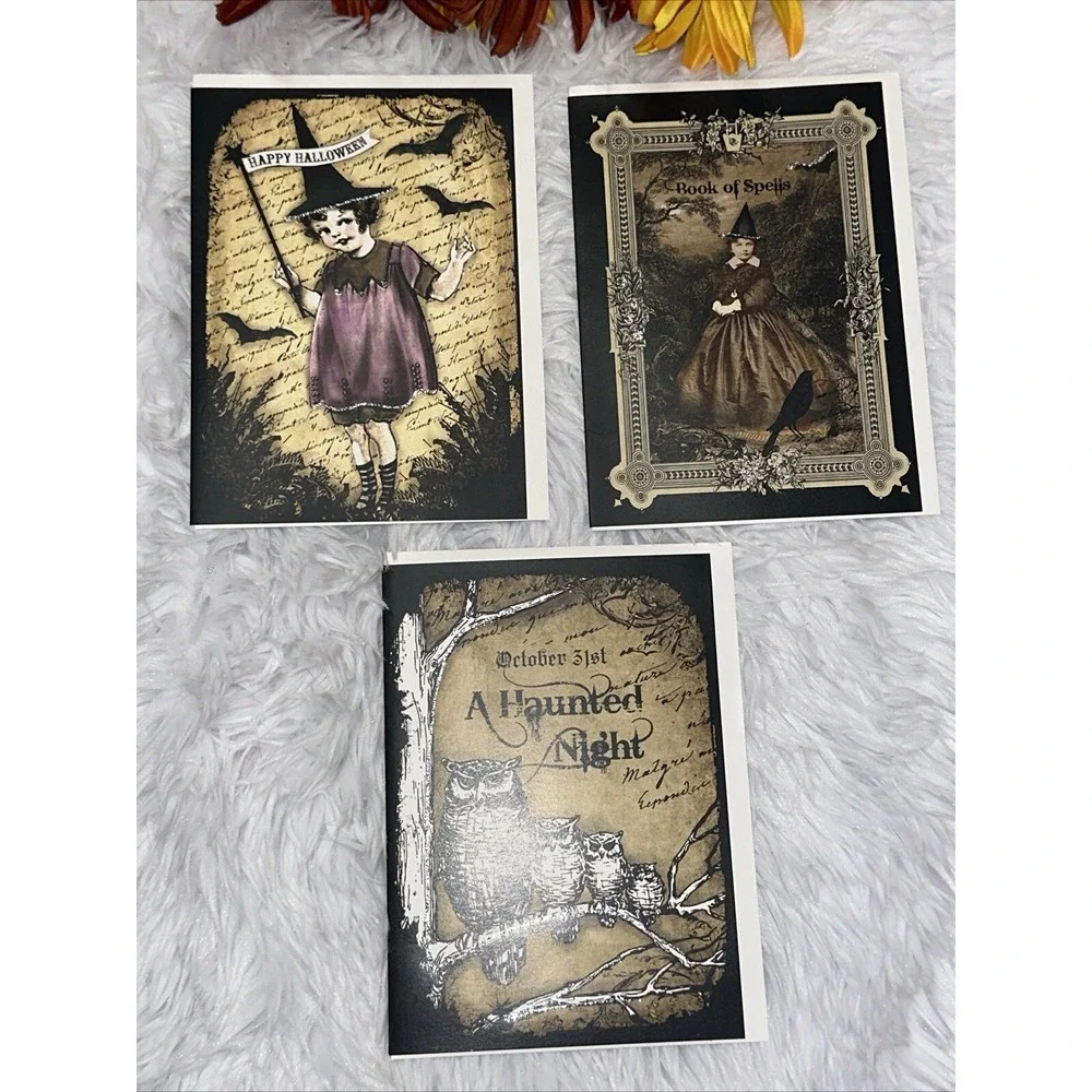 Halloween Card Lot of 3 Handmade Postcard Blank Inside Gothic Happy Greeting